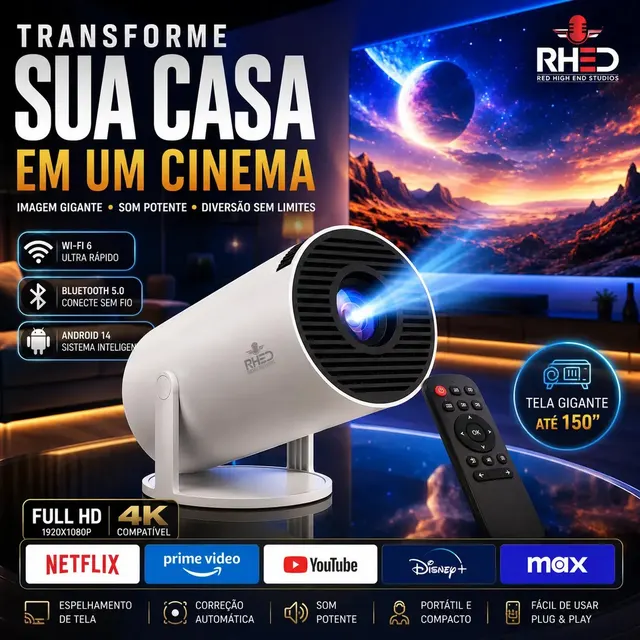 Projetor Smart Portátil Full Hd 4k Android 11 Wi-fi Bluetooth Mini Projetor Home Theater Cinema Em Casa Imagem Nítida Som Potente Compatível