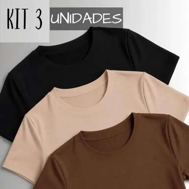 Kit 3 Camisetas Manga Curta Blusas Femininas Baby Look Comfy Preto+marrom+nude M